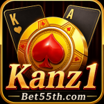 KANZ1 Game home screen showing slot games, Dragon & Tiger, 7 Up 7 Down, and other game categories on Bet55th.com.