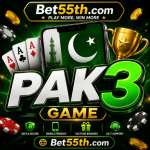 PAK3 Game mobile earning platform banner with Android app interface, EasyPaisa, JazzCash, and Bet55th.com branding.